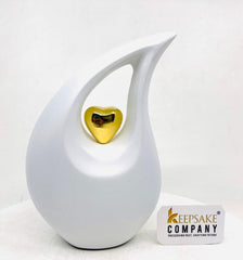 White matt  Teardrop metal Cremation Urn  with Golden Heart in Medium size (6 Inches/ 15 centimeters) height - Urn For Ashes - Ash Urn