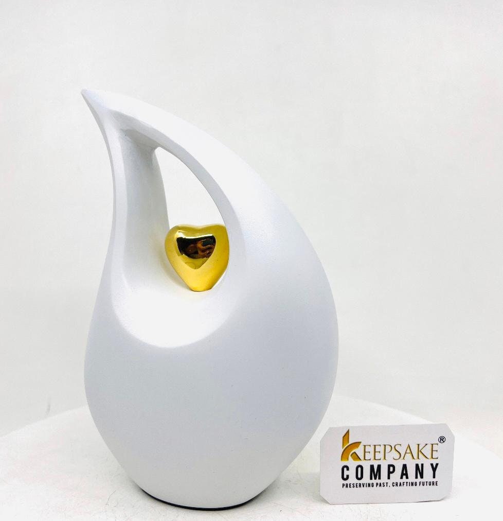 White matt  Teardrop metal Cremation Urn  with Golden Heart in Medium size (6 Inches/ 15 centimeters) height - Urn For Ashes - Ash Urn