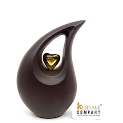 Brown matt Teardrop metal Cremation Urn with Gold Plating Heart in Medium size (6 Inches/ 15 centimetres) height From Keepsake Company