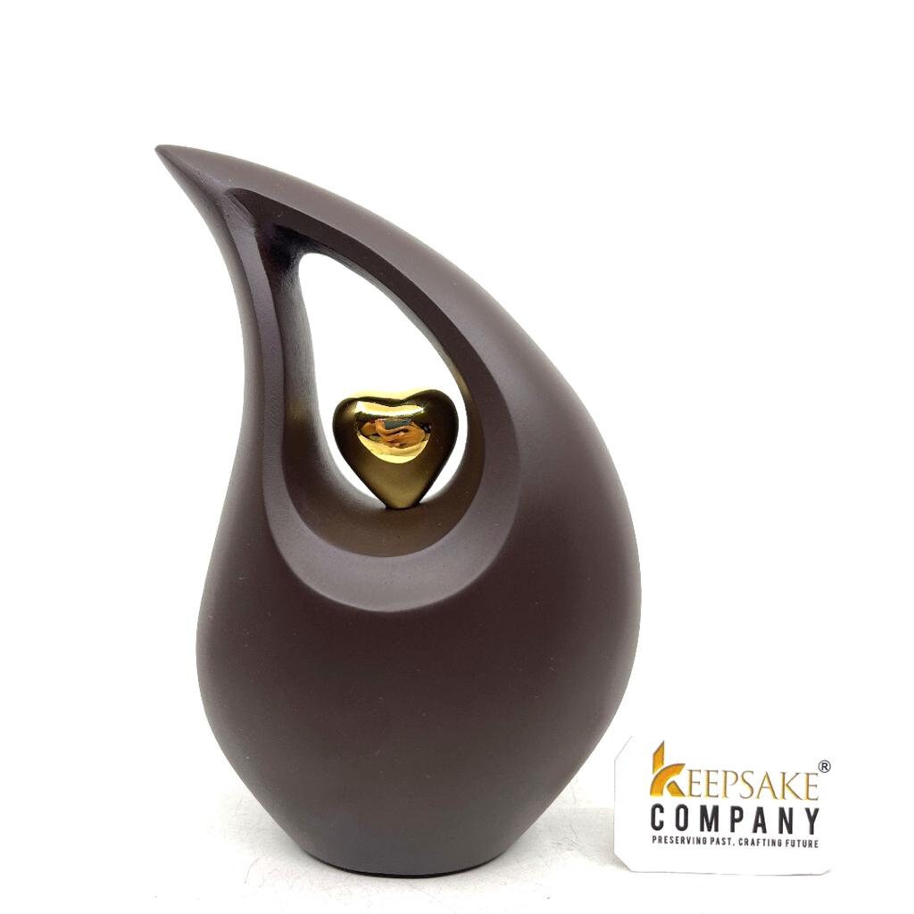 Brown matt Teardrop metal Cremation Urn with Gold Plating Heart in Medium size (6 Inches/ 15 centimetres) height From Keepsake Company