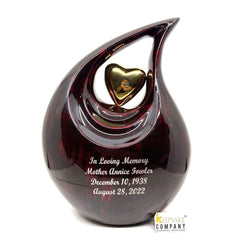 Gorgeous Maroon / Red Adult teardrop Cremation Urn for Human Ashes with Golden heart / Urn for Ashes  from Keepsake Company