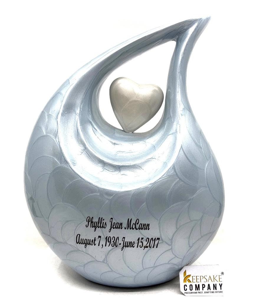 Light Blue Teardrop Enamel Adult Cremation Urn with White Heart For Human Ashes - Can be Engraved in Different Colours from Keepsake Company