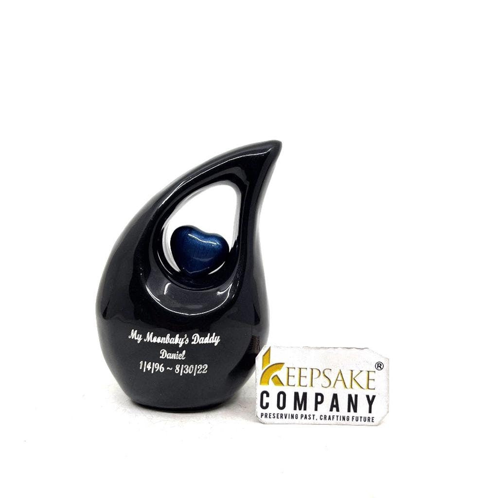 Black teardrop mini Cremation Urn with Dark Blue Heart for Human Ashes - Can be Engraved in Any Colour