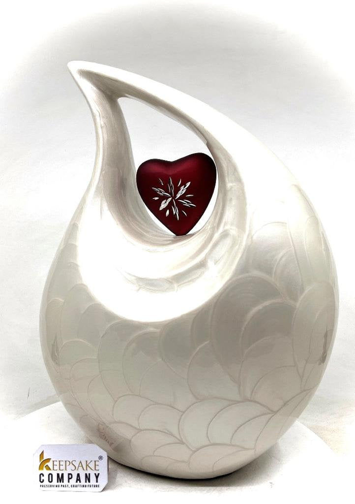 White Adult teardrop Cremation Urn with Red Engraved Heart for Human Ashes - Can be Engraved in different Colors from Keepsake Company