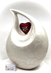 White Adult teardrop Cremation Urn with Red Engraved Heart for Human Ashes - Can be Engraved in different Colors from Keepsake Company