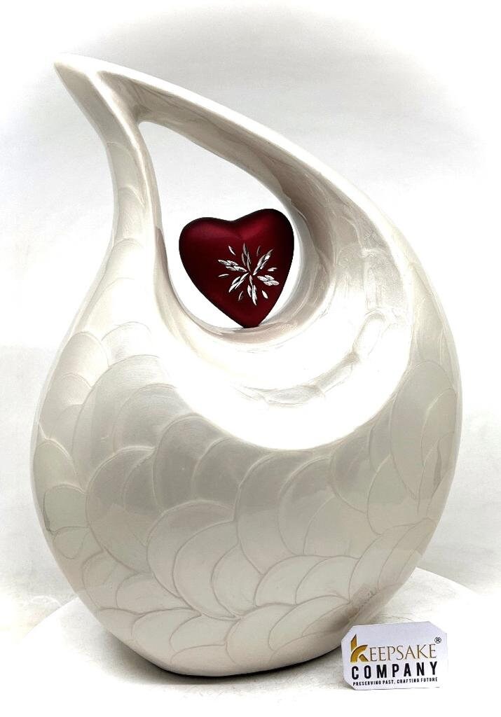 White Adult teardrop Cremation Urn with Red Engraved Heart for Human Ashes - Can be Engraved in different Colors from Keepsake Company