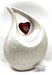 White Adult teardrop Cremation Urn with Red Engraved Heart for Human Ashes - Can be Engraved in different Colors from Keepsake Company
