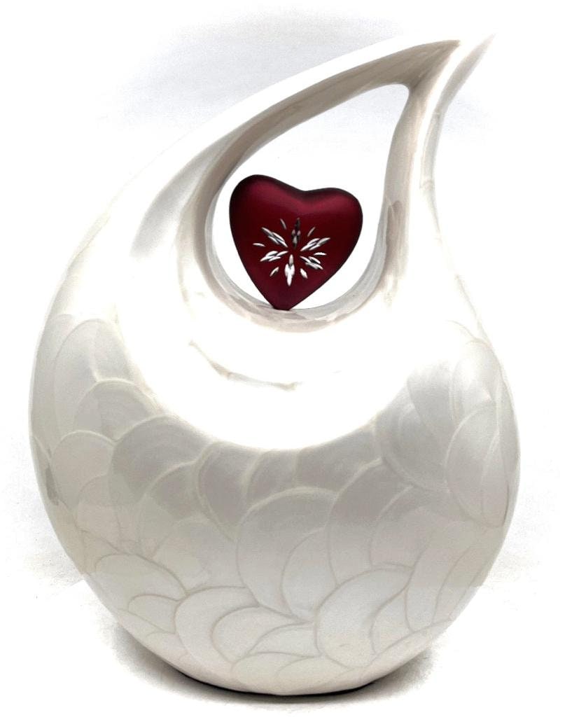 White Adult teardrop Cremation Urn with Red Engraved Heart for Human Ashes - Can be Engraved in different Colors from Keepsake Company