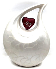White Adult teardrop Cremation Urn with Red Engraved Heart for Human Ashes - Can be Engraved in different Colors from Keepsake Company