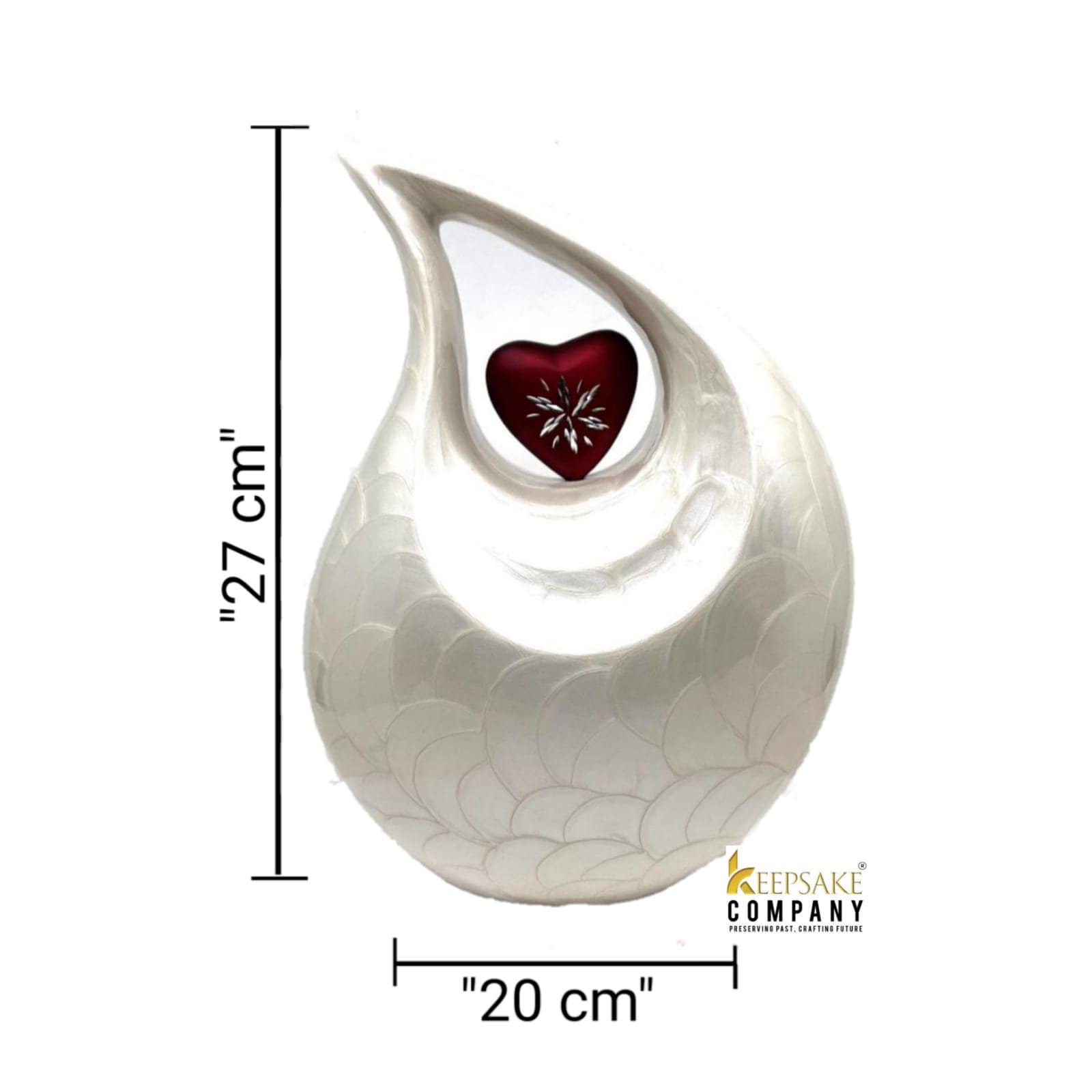 White Adult teardrop Cremation Urn with Red Engraved Heart for Human Ashes - Can be Engraved in different Colors from Keepsake Company