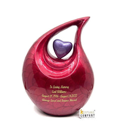 Red Pearl Enamel Adult teardrop Cremation Urn with purple heart For Human Ashes