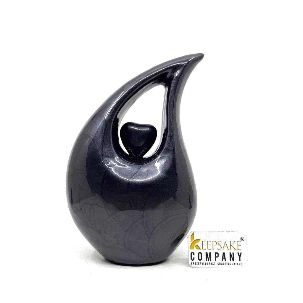 Black Pearl Teardrop metal Cremation Urn  with Black Heart in Medium size (6 Inches/ 15 centimetres) height From Keepsake Company