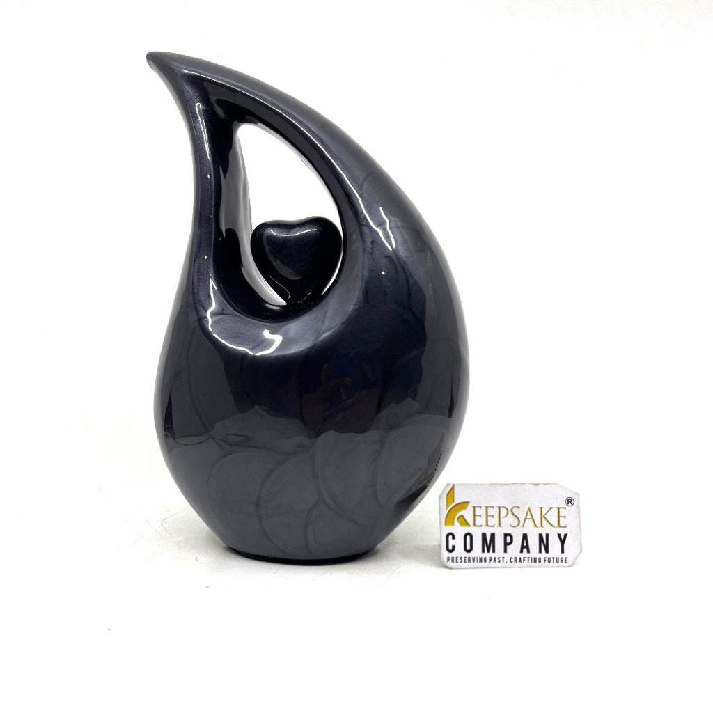 Black Pearl Teardrop metal Cremation Urn  with Black Heart in Medium size (6 Inches/ 15 centimetres) height From Keepsake Company