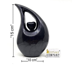 Black Pearl Teardrop metal Cremation Urn  with Black Heart in Medium size (6 Inches/ 15 centimetres) height From Keepsake Company