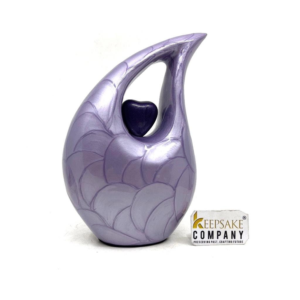 Pearl Purple Teardrop metal Cremation Urn  with Heart in Medium size (6 Inches/ 15 centimetres) height From Keepsake Company