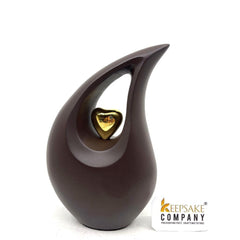 Brown matt Teardrop metal Cremation Urn with Gold Plating Heart in Medium size (6 Inches/ 15 centimetres) height From Keepsake Company