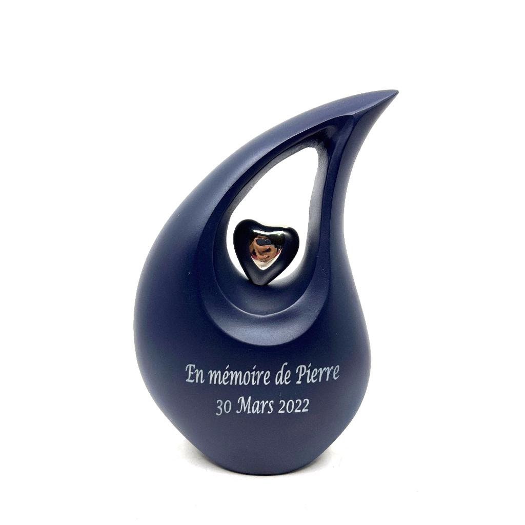 Blue matt  Teardrop metal Cremation Urn  with Silver Heart in Medium size (6 Inches/ 15 centimetres) height From Keepsake Company