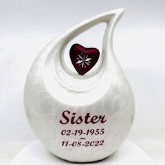 White Adult teardrop Cremation Urn with Red Engraved Heart for Human Ashes - Can be Engraved in different Colors from Keepsake Company