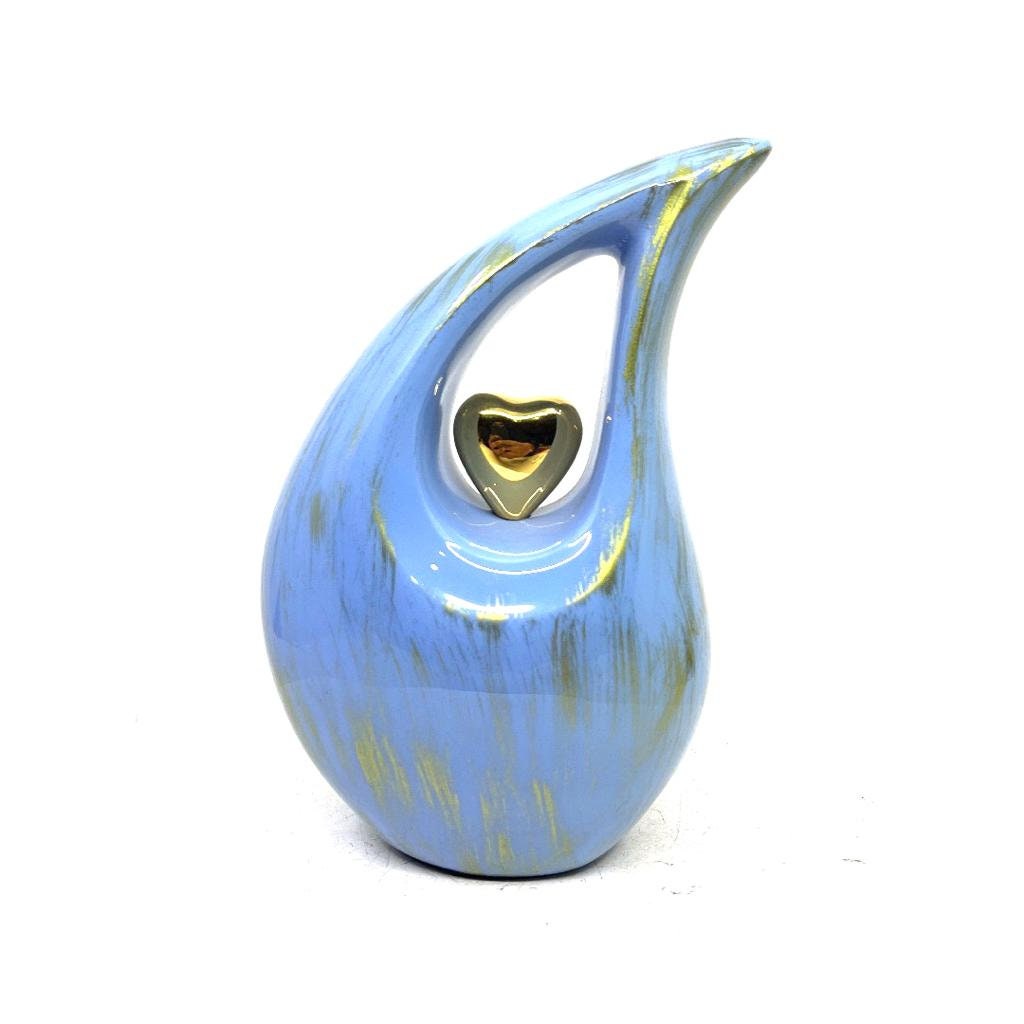 Golden Blue Teardrop Cremation Urns for Human Ashes - Urn- Urns for Ashes - (6 Inches/ 15 centimeters) Memorial Urn - Small Urns for Ashes