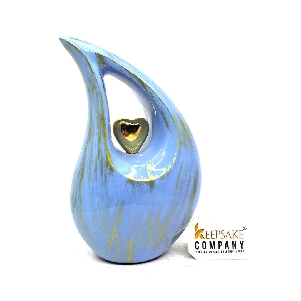 Golden Blue Teardrop Cremation Urns for Human Ashes - Urn- Urns for Ashes - (6 Inches/ 15 centimeters) Memorial Urn - Small Urns for Ashes