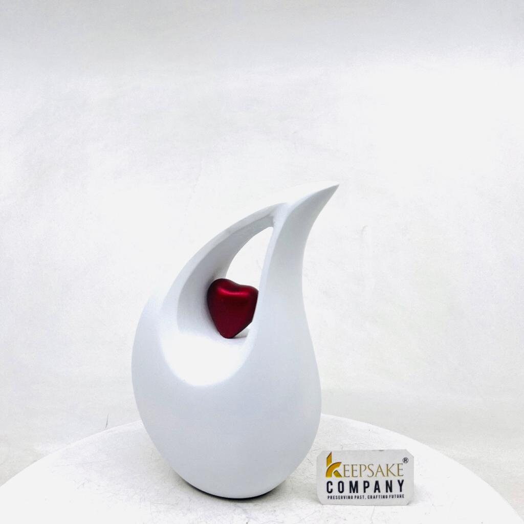 White matt  Teardrop metal Cremation Urn  with Red Heart in Medium size (6 Inches/ 15 centimeters) height - small urns for human ashes