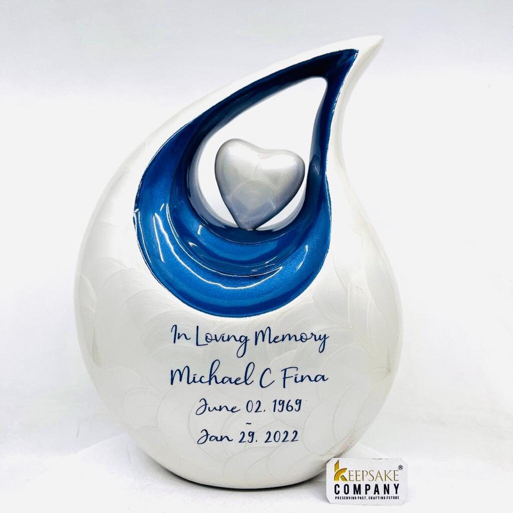 White Blue Teardrop Cremation Urn for Ashes - Urns for Ashes - Engravable Decorative Urns - Urns for Ashes Adult Male - Urns for Human Ash