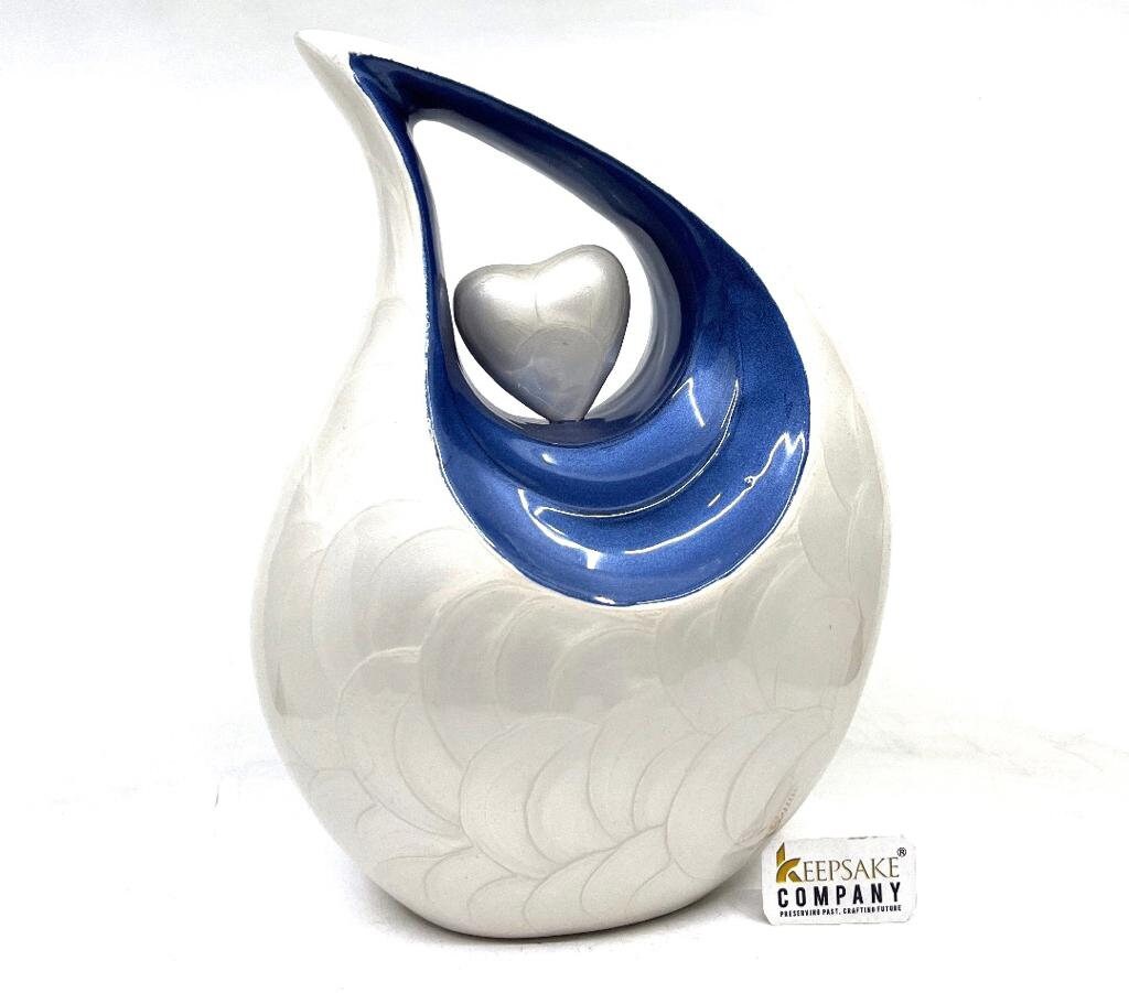 White Blue Teardrop Cremation Urn for Ashes - Urns for Ashes - Engravable Decorative Urns - Urns for Ashes Adult Male - Urns for Human Ash