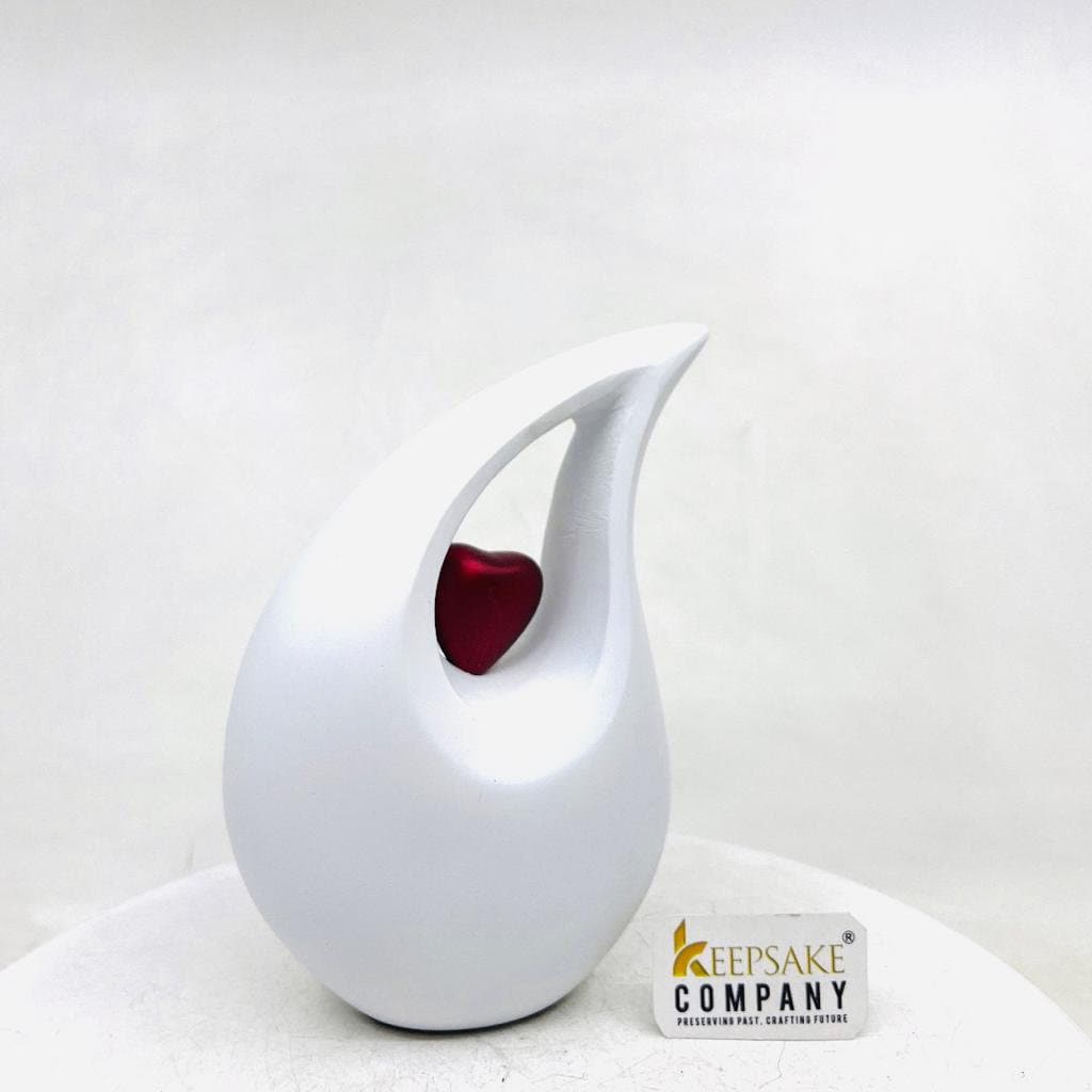 White matt  Teardrop metal Cremation Urn  with Red Heart in Medium size (6 Inches/ 15 centimeters) height - small urns for human ashes