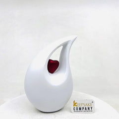 White matt  Teardrop metal Cremation Urn  with Red Heart in Medium size (6 Inches/ 15 centimeters) height - small urns for human ashes