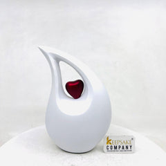 White matt  Teardrop metal Cremation Urn  with Red Heart in Medium size (6 Inches/ 15 centimeters) height - small urns for human ashes