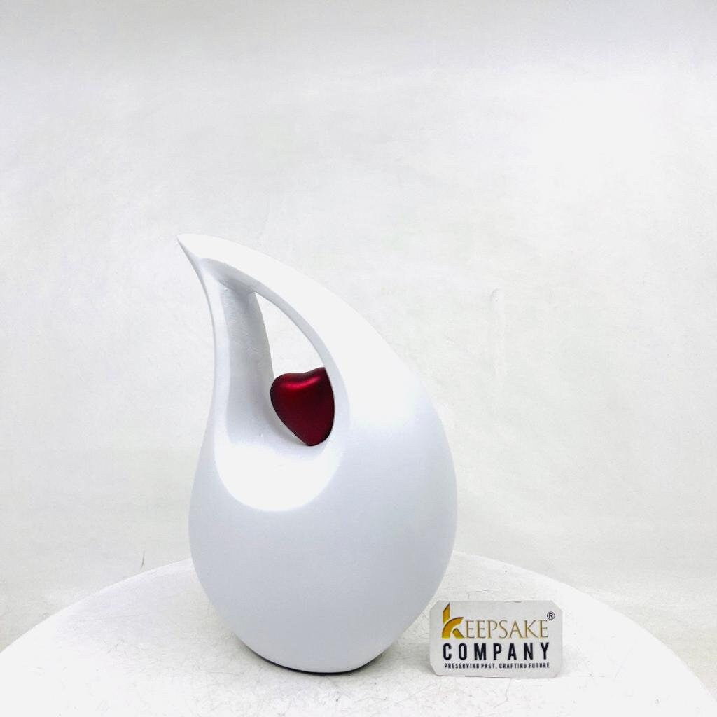 White matt  Teardrop metal Cremation Urn  with Red Heart in Medium size (6 Inches/ 15 centimeters) height - small urns for human ashes