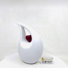 White matt  Teardrop metal Cremation Urn  with Red Heart in Medium size (6 Inches/ 15 centimeters) height - small urns for human ashes