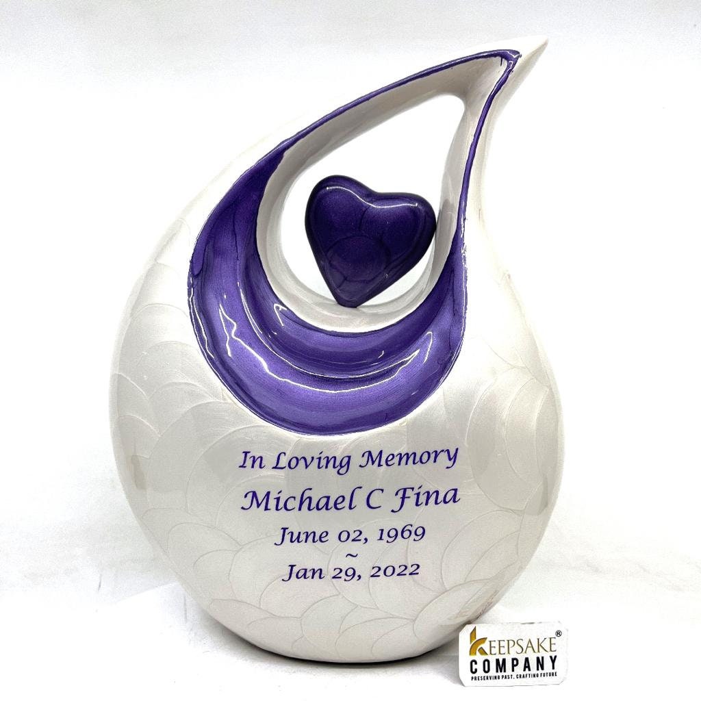 White Purple Teardrop Cremation Urn for Ashes - Urns for Ashes - Engravable Decorative Urns - Urns for Ashes Adult Male - Urns for Human Ash