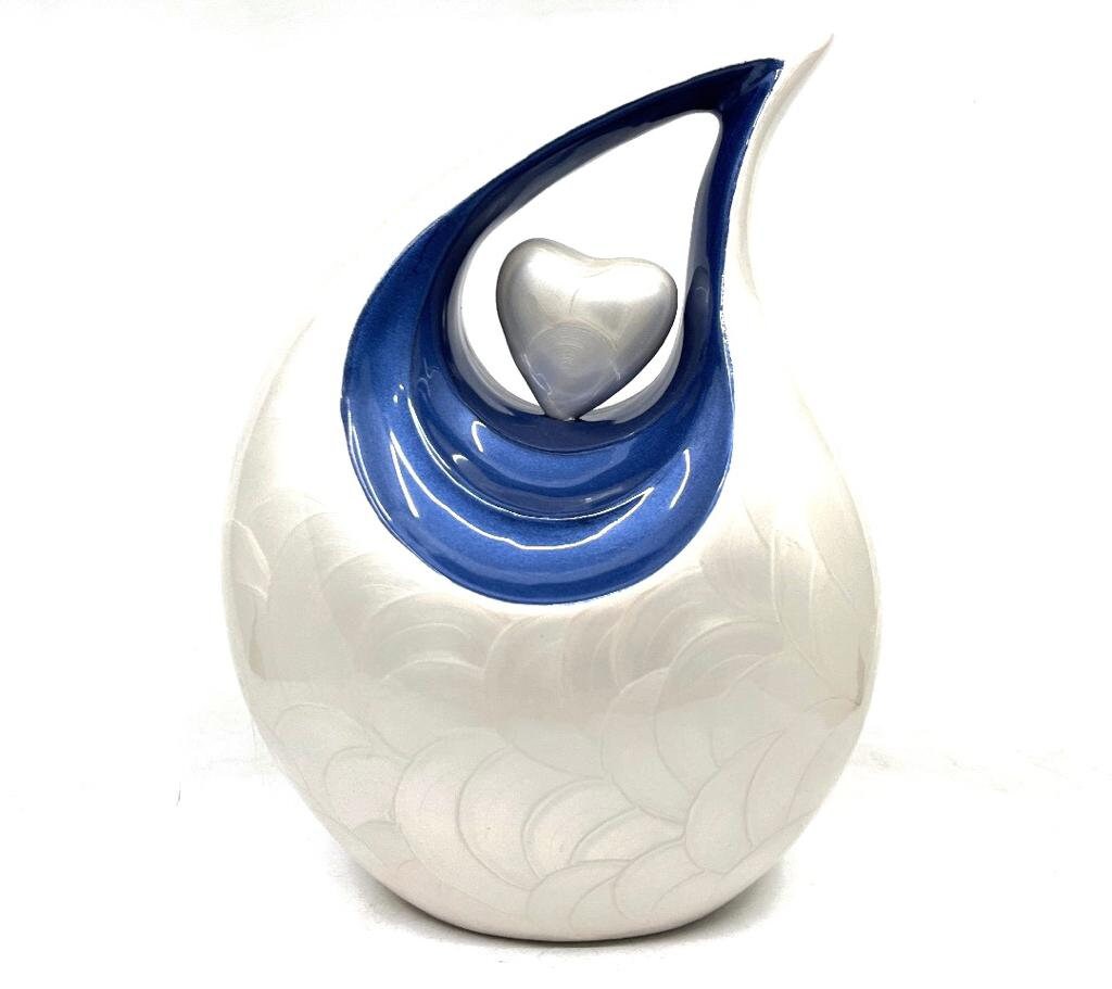 White Blue Teardrop Cremation Urn for Ashes - Urns for Ashes - Engravable Decorative Urns - Urns for Ashes Adult Male - Urns for Human Ash