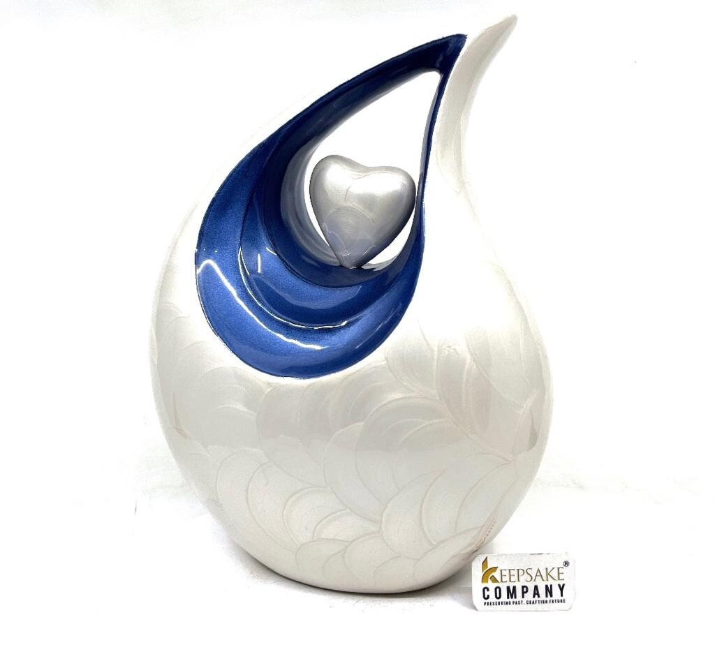 White Blue Teardrop Cremation Urn for Ashes - Urns for Ashes - Engravable Decorative Urns - Urns for Ashes Adult Male - Urns for Human Ash