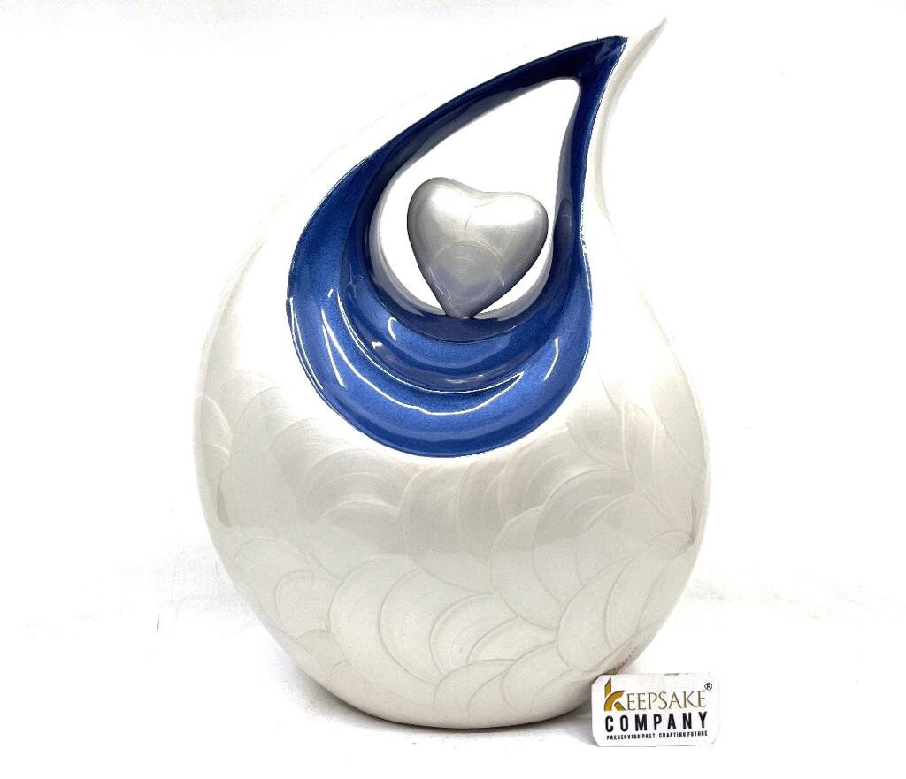 White Blue Teardrop Cremation Urn for Ashes - Urns for Ashes - Engravable Decorative Urns - Urns for Ashes Adult Male - Urns for Human Ash