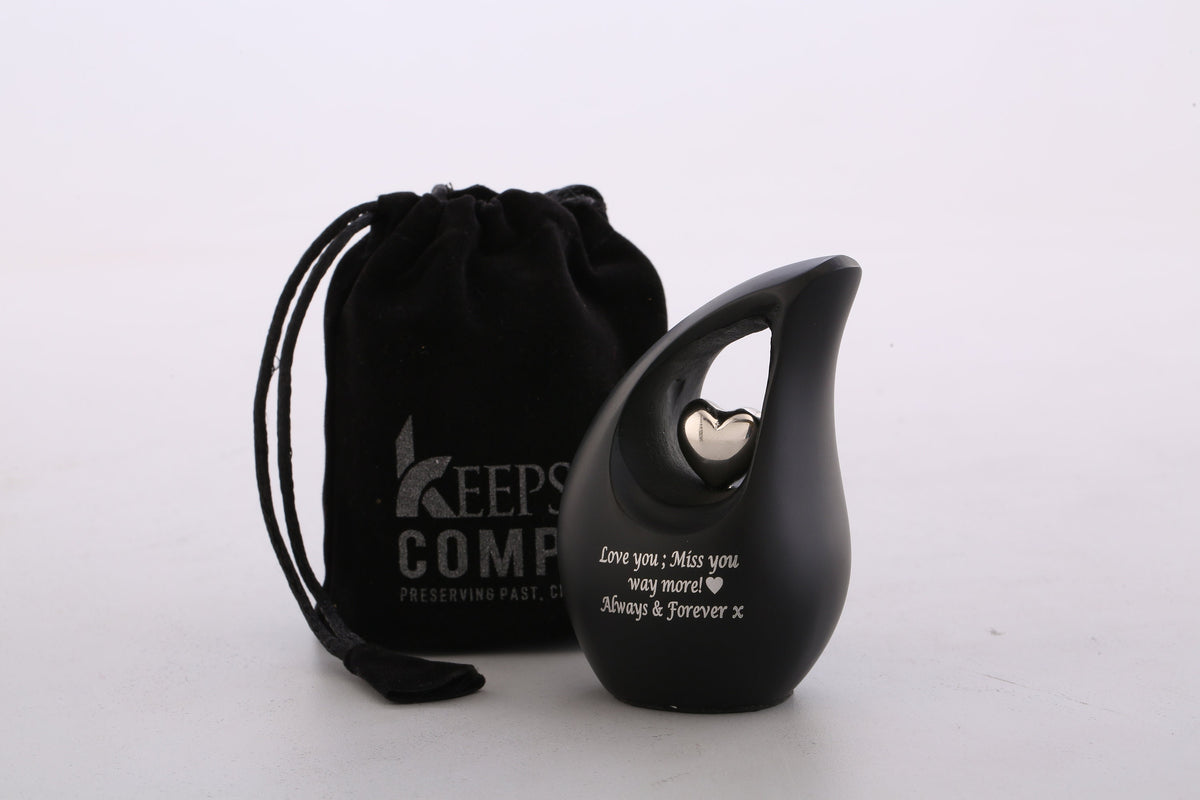 Black Teardrop Small Urns for Human Ashes with Heart - Mini Urn for Human Ashes - Ash Urn - Keepsake Urns for Human Ashes - Mini Urn - Urn