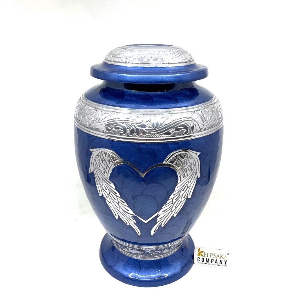 Dark Blue Cremation Urn for Ashes - Urns for Human Ashes  with Angel Wings and Heart - Urn - Urn - Funeral Urn - Memorial urn by Keepsake Co