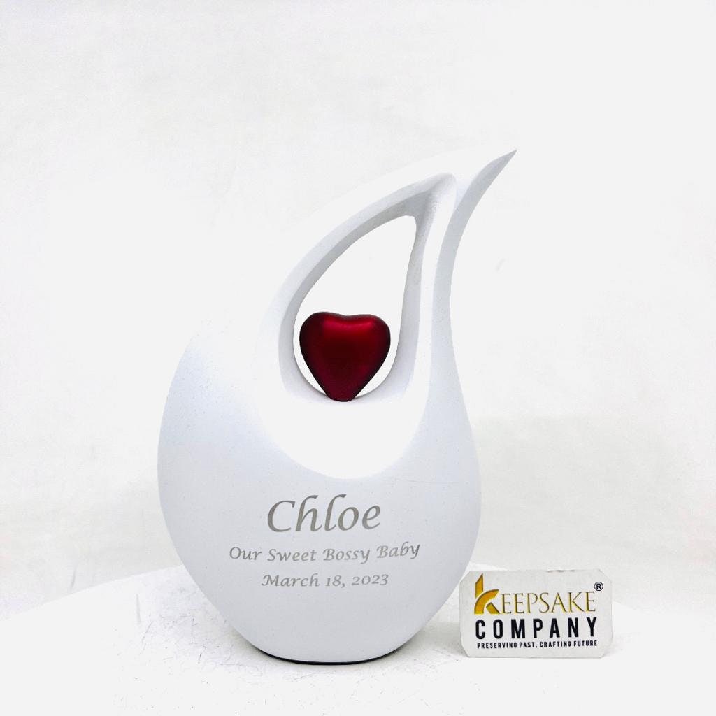White matt  Teardrop metal Cremation Urn  with Red Heart in Medium size (6 Inches/ 15 centimeters) height - small urns for human ashes