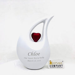 White matt  Teardrop metal Cremation Urn  with Red Heart in Medium size (6 Inches/ 15 centimeters) height - small urns for human ashes