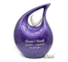 Dark Purple Pearl teardrop Enamel Adult Cremation Urn with White Heart For Human Ashes by Keepsake Company