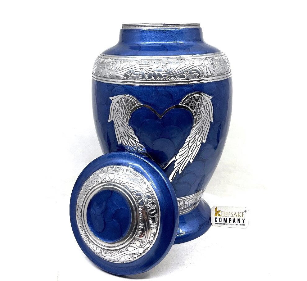 Dark Blue Cremation Urn for Ashes - Urns for Human Ashes  with Angel Wings and Heart - Urn - Urn - Funeral Urn - Memorial urn by Keepsake Co