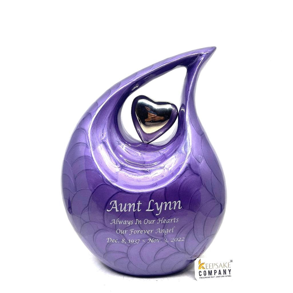 Keepsake Company's Dark Purple Pearl teardrop Enamel Adult Cremation Urn with shining Silver color  Heart For Human Ashes