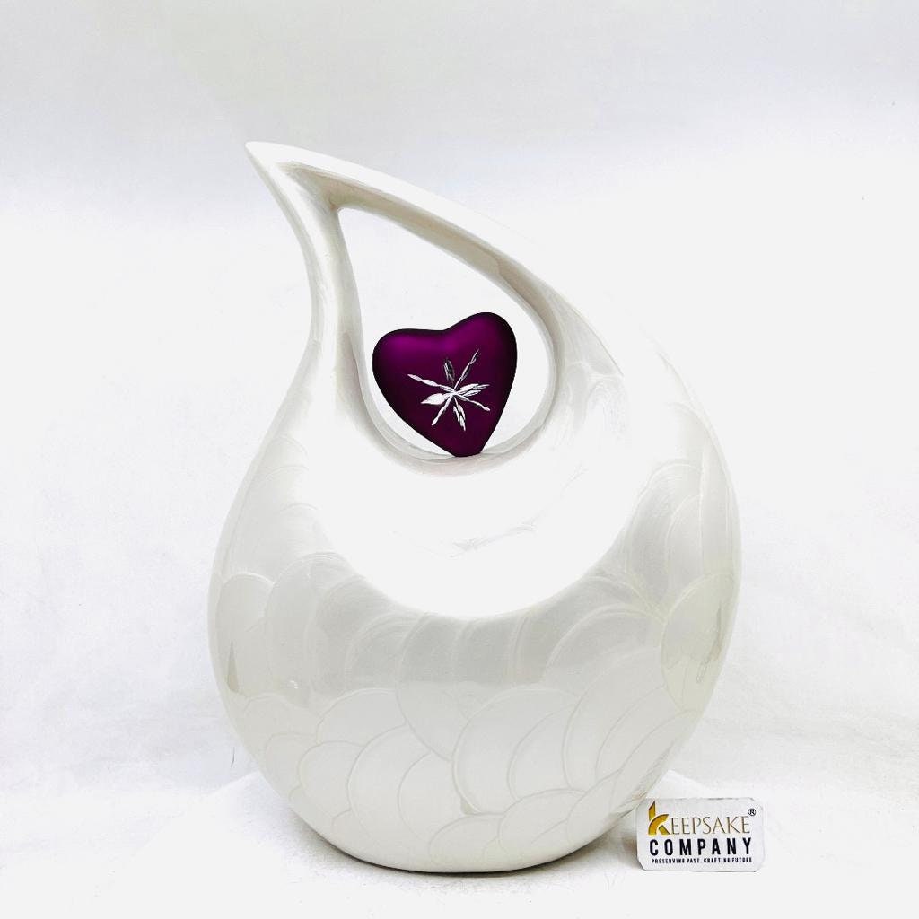 White Enamel Teardrop Adult Cremation Urn with Shimmer Pink Engraved Heart urns for human ash - Urns for Ashes - Funeral Urn - Keepsake Urn