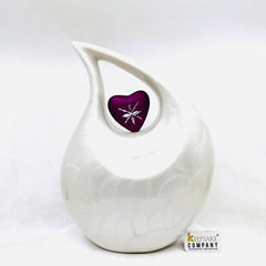 White Enamel Teardrop Adult Cremation Urn with Shimmer Pink Engraved Heart urns for human ash - Urns for Ashes - Funeral Urn - Keepsake Urn