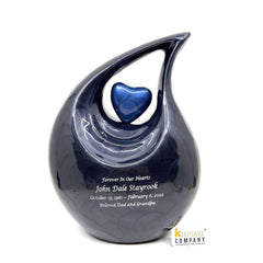 Black Teardrop Adult Cremation Urn with Blue Heart  - Ash  Urn - Memorial Urns - Funeral Urn - Personalized Urn - Keepsake Urn - Urn for Ash