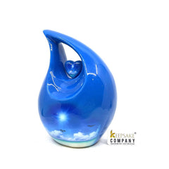 Blue Teardrop Cremation urn on a sunny bright day with  birds going home - Urn- Urns for Ashes - Medim Urn / Ash Urn  (7 Inches  Height)