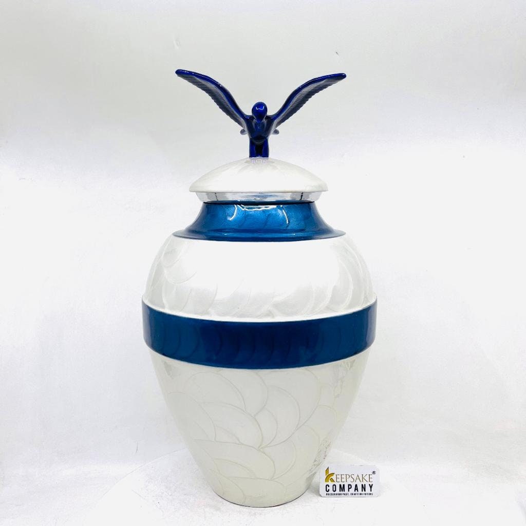 White Blue  Adult cremation Urn for Ashes - Urns for Human Ashes  with Angel Wings and Heart - Urn - Urn - Funeral Urn from Keepsake Company
