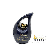 Black teardrop mini Cremation Urn with Gold Heart for Pet Urns - Dog Urn - Pet Memorial Urn - Urns for Pet Ashes - Small Urns for Ashes