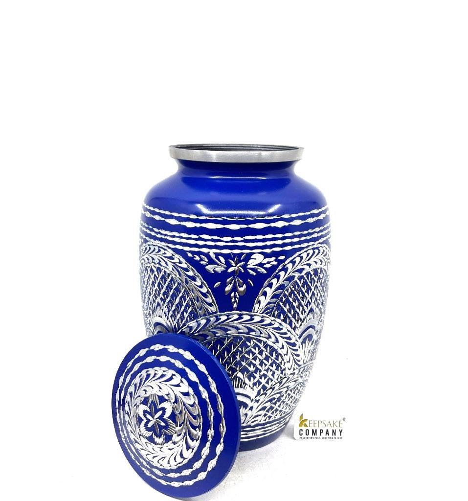 Blue Highly Engraved Adult Urn - Cremation Urns for Adult Ashes - Urns for Ashes Adult Male - Urn - Urns for Human Ashes - Decorative Urn